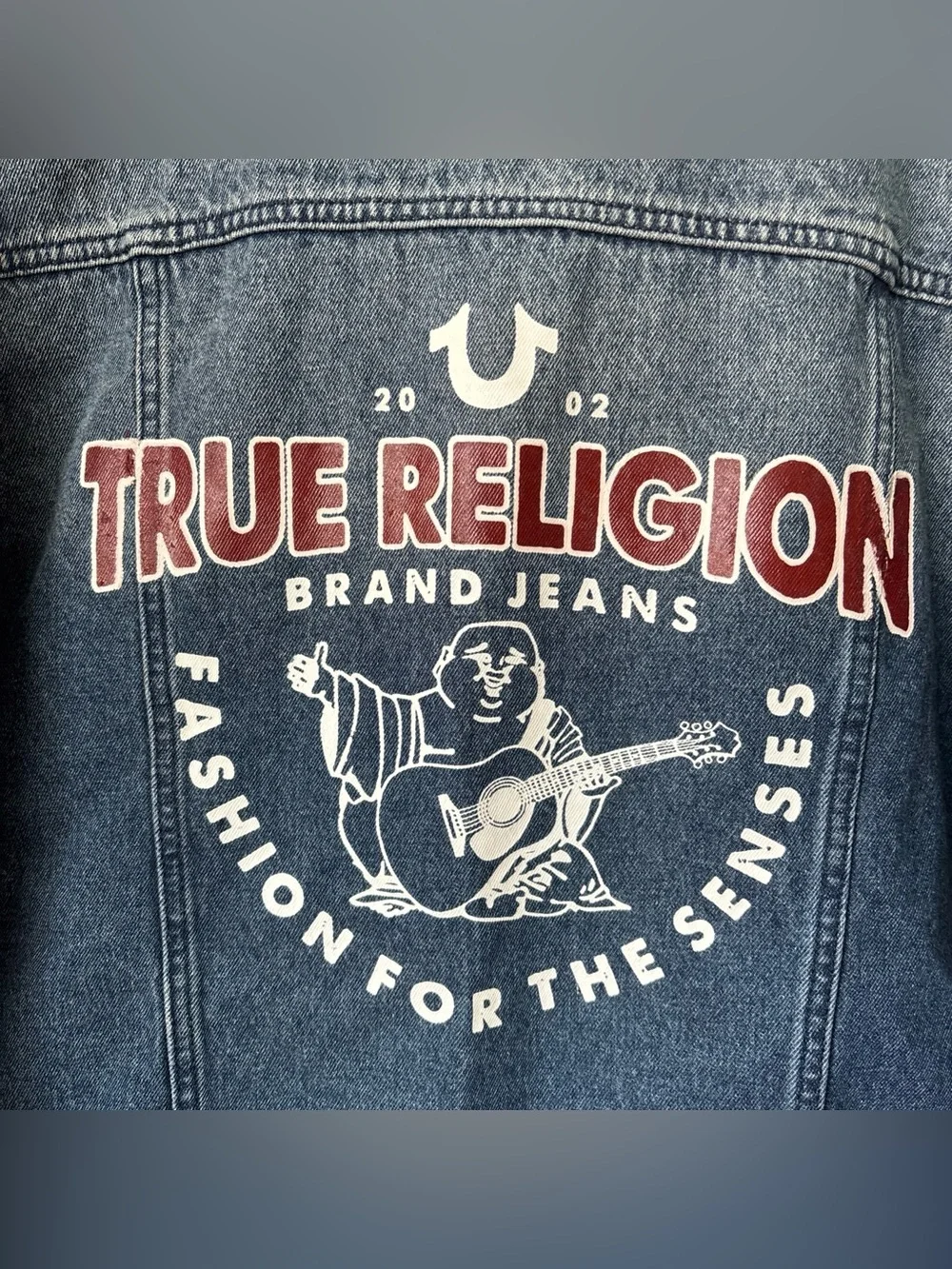 True Religion Blue Denim Jacket with Red Stitching Accents